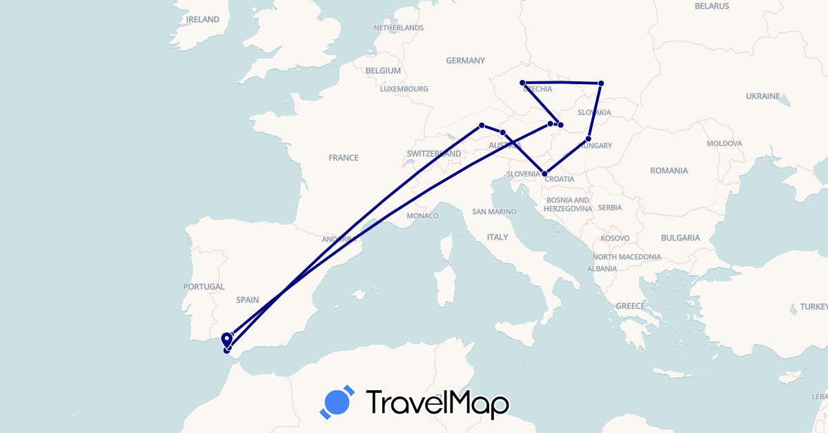 TravelMap itinerary: driving in Austria, Czech Republic, Germany, Spain, Croatia, Hungary, Poland, Slovakia (Europe)